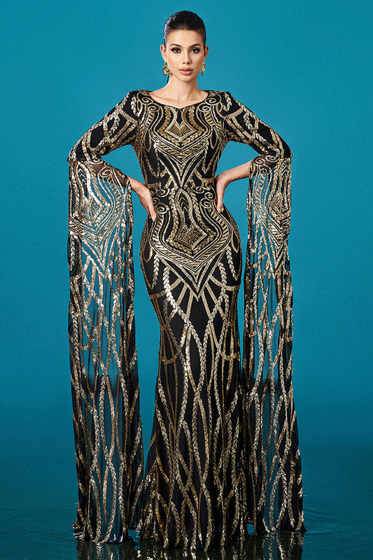 Sparkly Black Golden Mermaid Boat Neck Long Sleeves Mother of the Bride Dress with Cape