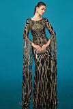 Sparkly Black Golden Mermaid Boat Neck Long Sleeves Mother of the Bride Dress with Cape