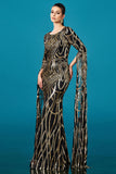 Sparkly Black Golden Mermaid Boat Neck Long Sleeves Mother of the Bride Dress with Cape