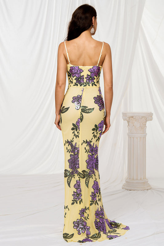 Sparkly Yellow Floral Mermaid Long Prom Dress with Slit