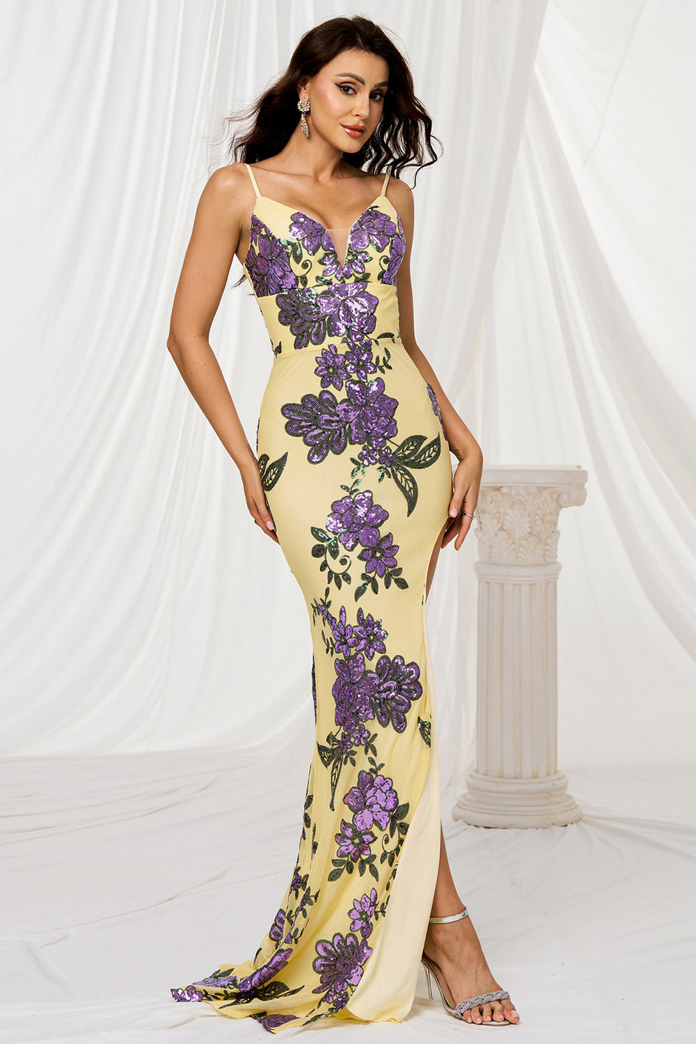 Sparkly Yellow Floral Mermaid Long Prom Dress with Slit
