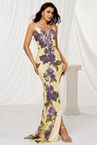 Sparkly Yellow Floral Mermaid Long Prom Dress with Slit