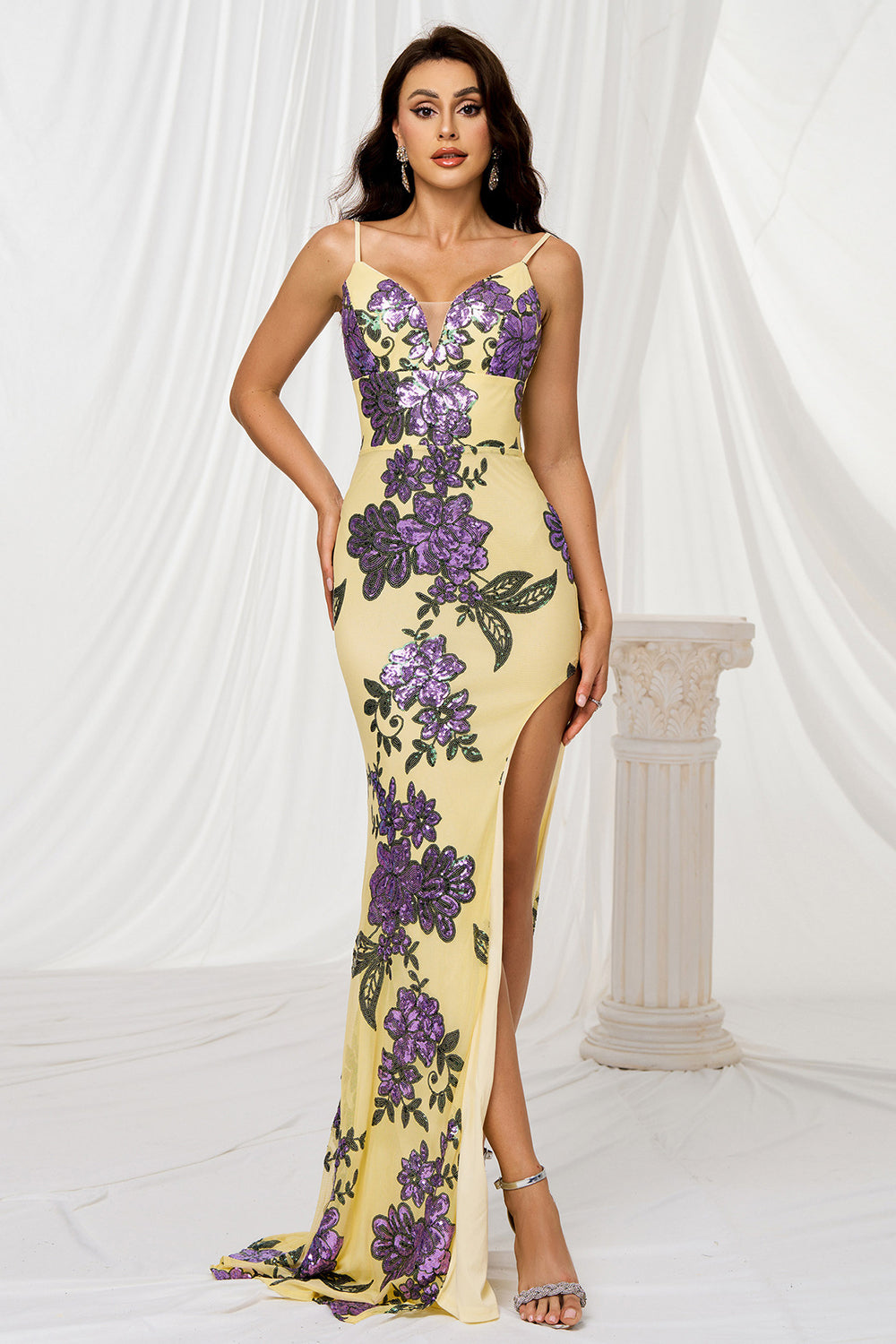 Sparkly Yellow Floral Mermaid Long Prom Dress with Slit