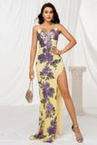 Sparkly Yellow Floral Mermaid Long Prom Dress with Slit