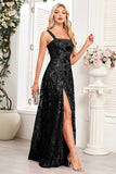 Sparkly Black A Line Sequin Long Prom Dress with Slit