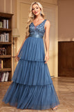 Grey Blue A Line V-Neck Tiered Long Prom Dress
