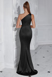 Burgundy Mermaid One Shoulder Long Prom Dress with Slit