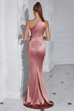 Burgundy Mermaid One Shoulder Long Prom Dress with Slit