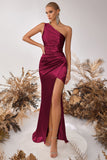 Burgundy Mermaid One Shoulder Long Prom Dress with Slit