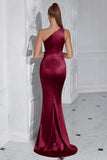 Burgundy Mermaid One Shoulder Long Prom Dress with Slit