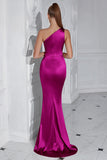 Burgundy Mermaid One Shoulder Long Prom Dress with Slit