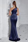 Burgundy Mermaid One Shoulder Long Prom Dress with Slit