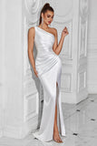 Burgundy Mermaid One Shoulder Long Prom Dress with Slit