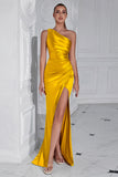 Burgundy Mermaid One Shoulder Long Prom Dress with Slit