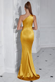 Burgundy Mermaid One Shoulder Long Prom Dress with Slit