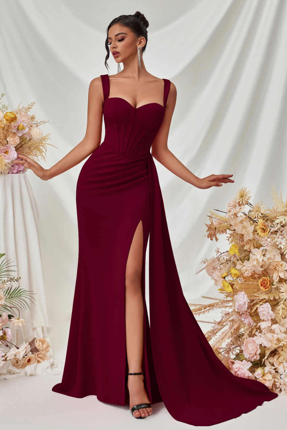Simple Black Mermaid Long Prom Dress with Side Cape
