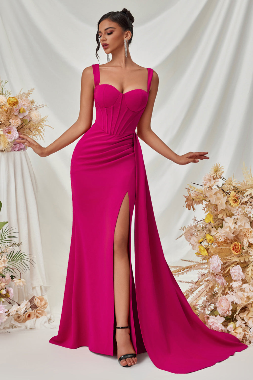 Simple Black Mermaid Long Prom Dress with Side Cape