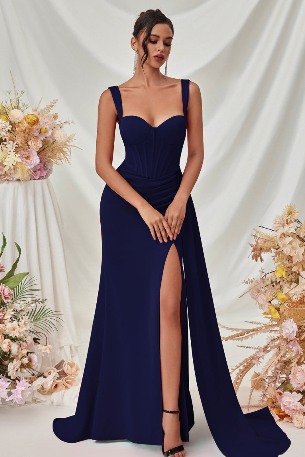 Simple Black Mermaid Long Prom Dress with Side Cape