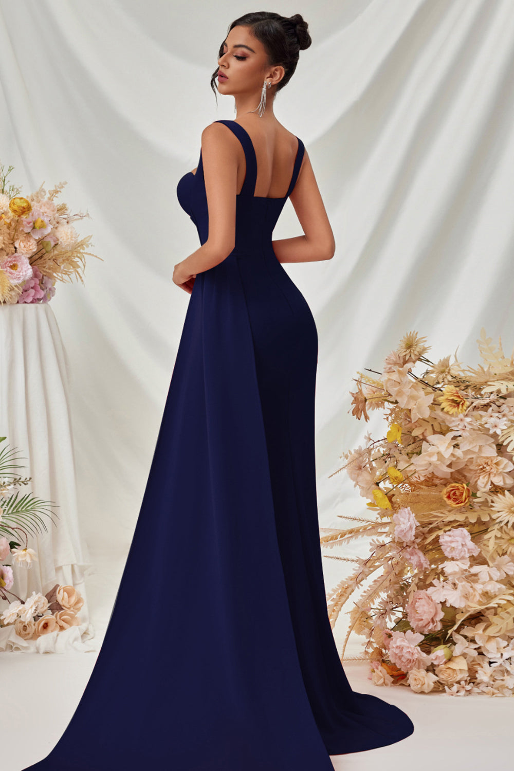 Simple Black Mermaid Long Prom Dress with Side Cape