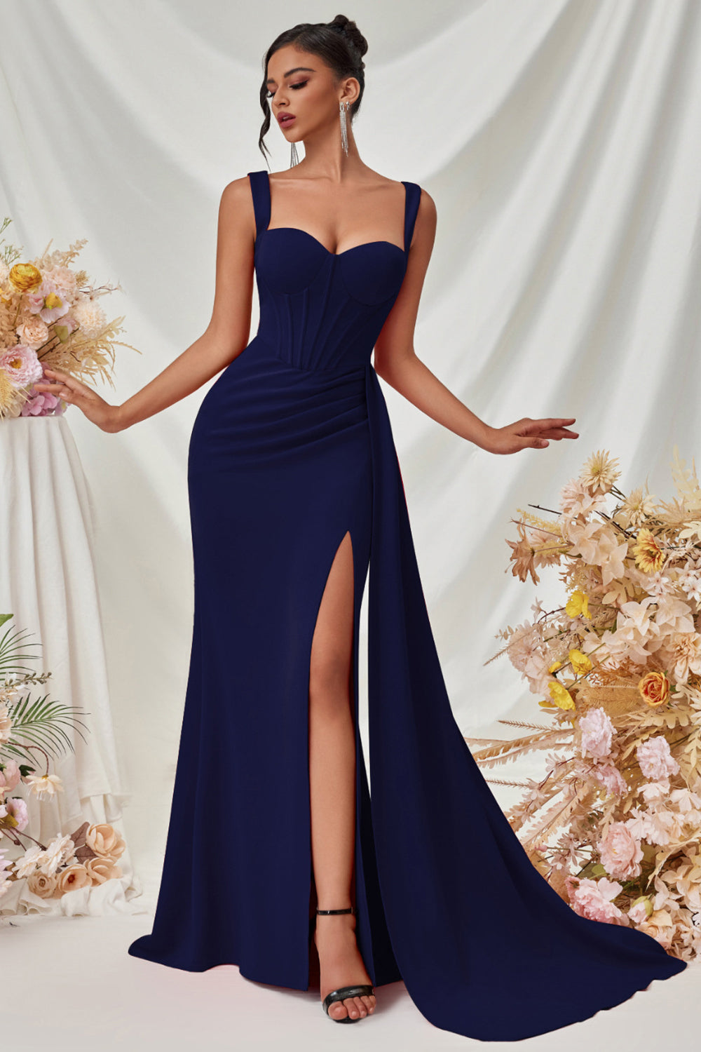 Simple Black Mermaid Long Prom Dress with Side Cape