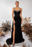 Sparkly Black Spaghetti Straps Mermaid Long Prom Dress with Side Cape