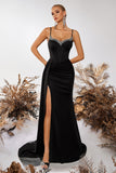 Sparkly Black Spaghetti Straps Mermaid Long Prom Dress with Side Cape