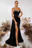 Sparkly Black Spaghetti Straps Mermaid Long Prom Dress with Side Cape