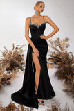 Sparkly Black Spaghetti Straps Mermaid Long Prom Dress with Side Cape