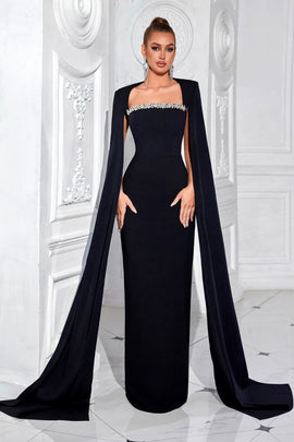 Sparkly Black Sheath Long Prom Dress with Cape