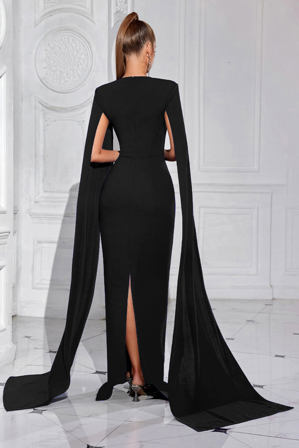 Sparkly Black Sheath Long Prom Dress with Cape