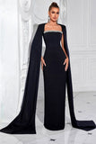 Sparkly Black Sheath Long Prom Dress with Cape
