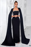 Sparkly Black Sheath Long Prom Dress with Cape