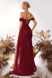 Sparkly Burgundy Corset Sequin Off the Shoulder Long Prom Dress with Slit