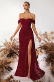Sparkly Burgundy Corset Sequin Off the Shoulder Long Prom Dress with Slit