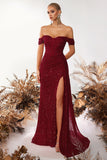 Sparkly Burgundy Corset Sequin Off the Shoulder Long Prom Dress with Slit