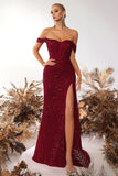 Sparkly Burgundy Corset Sequin Off the Shoulder Long Prom Dress with Slit