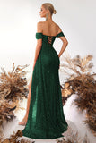 Sparkly Burgundy Corset Sequin Off the Shoulder Long Prom Dress with Slit