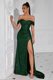 Sparkly Burgundy Corset Sequin Off the Shoulder Long Prom Dress with Slit