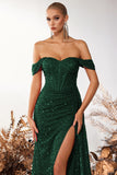 Sparkly Burgundy Corset Sequin Off the Shoulder Long Prom Dress with Slit