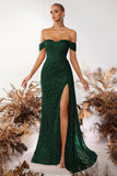 Sparkly Burgundy Corset Sequin Off the Shoulder Long Prom Dress with Slit