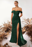 Sparkly Burgundy Corset Sequin Off the Shoulder Long Prom Dress with Slit