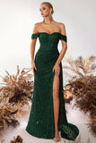 Sparkly Burgundy Corset Sequin Off the Shoulder Long Prom Dress with Slit