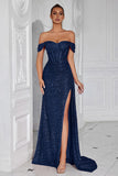 Sparkly Burgundy Corset Sequin Off the Shoulder Long Prom Dress with Slit