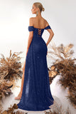 Sparkly Burgundy Corset Sequin Off the Shoulder Long Prom Dress with Slit