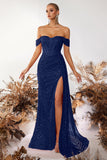 Sparkly Burgundy Corset Sequin Off the Shoulder Long Prom Dress with Slit