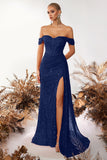 Sparkly Burgundy Corset Sequin Off the Shoulder Long Prom Dress with Slit