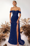 Sparkly Burgundy Corset Sequin Off the Shoulder Long Prom Dress with Slit