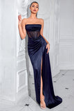Navy Corset Strapless Mermaid Long Prom Dress with Slit