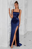 Simple Navy Mermaid Ruched Long Prom Dress with Slit