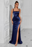 Simple Navy Mermaid Ruched Long Prom Dress with Slit